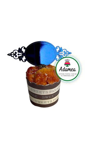 Frontal - Topper de tort  personalizat cu element special din carton  personalizabil premium de inalta calitate sub forma  de placheta dantelabila personalizabila albastru regal  oglinda