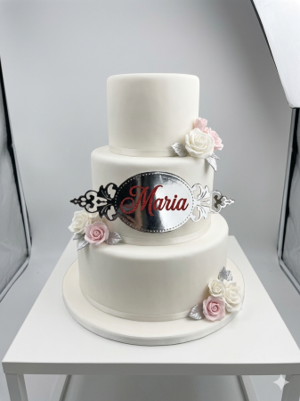 Topper de tort  personalizat cu element special din carton  personalizabil premium de inalta calitate sub forma  de placheta dantelabila personalizabila argintiu oglinda [2]
