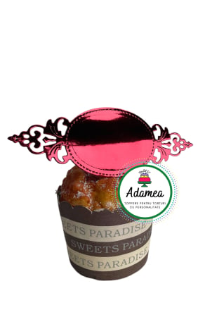 Frontal - Topper de tort  personalizat cu element special din carton  personalizabil premium de inalta calitate sub forma  de placheta dantelabila personalizabila rosu oglinda