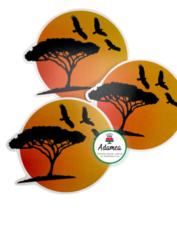 Generale - Topper de tort  personalizat cu element special din carton  premium de inalta calitate sub forma  de soare la apus cu umbra de copac si pasari pentru Lion King sau tematica safari