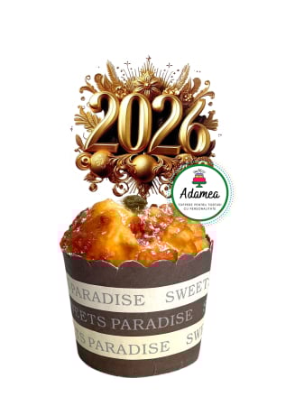 NOUTĂȚI - Topper de tort  personalizat cu element special din carton sub forma de placheta cu 2026 galben tip auriu cu efect 3d relief