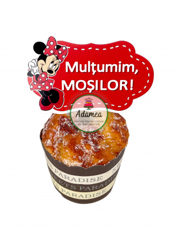 Topper de tort cu element special din carton sub forma de stegulet cu Minnie rosie cu Mulțumim Moșilor