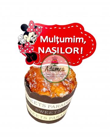 Topper de tort cu element special din carton sub forma de stegulet cu Minnie rosie cu Multumim Nasilor