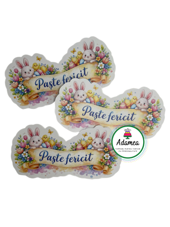 Topper de tort  personalizat cu element special din carton  premium de inalta calitate sub forma debanner cu Paste fericit si 2 iepuri [1]