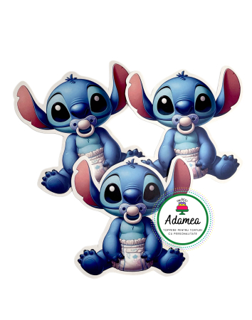 Generale - Topper de tort  personalizat cu element special din carton  premium de inalta calitate sub forma  de baby Stitch bebelus cu suzeta si pampers