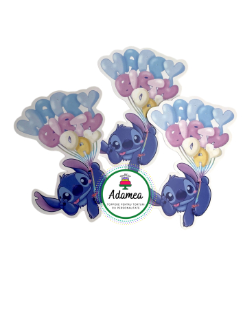Generale - Topper de tort  personalizat cu element special din carton  premium de inalta calitate sub forma  de baby Stitch bebe cu baloane cu Happy Birthday