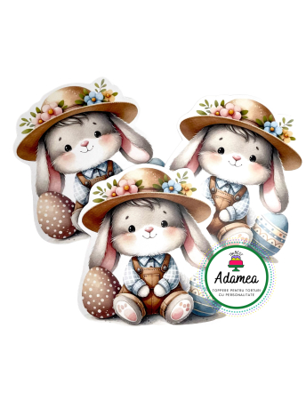 Topper de tort personalizat cu element din carton premium de inalta calitate sub forma de iepuras de Paste cu oua si palarie de paie