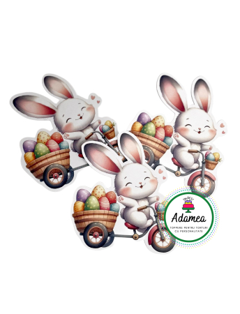 Toppere tort - Topper de tort  personalizat cu element special din carton de inalta calitate cu iepure pe bicileta cu cos de oua de Paste