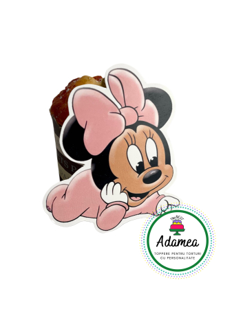 Minnie - Topper de tort  personalizat cu element special din carton  premium de inalta calitate sub forma  de baby Minnie cu rochita roz care sta pe burta