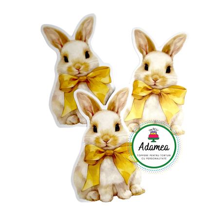 Toppere tort - Topper de tort  personalizat cu element special din carton calitate inalta premium sub forma de iepura cu funda galbena