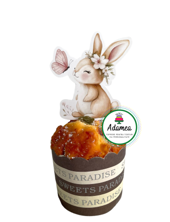 Sarbatori Pascale - Topper de tort  personalizat cu element special din carton premium de calitate inalta cu iepuras si fluturas roz
