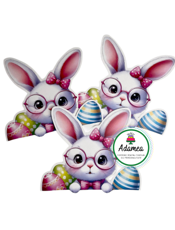 Toppere tort - Topper de tort  personalizat cu element special din carton premiun de inalta calitate sub forma de iepuras de Pasti cu ochelari