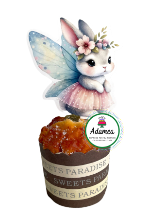 Topper de tort  personalizat cu element special din carton premium de calitate superioara sub forma de iepuras fetita tip zana cu aripri diafane
