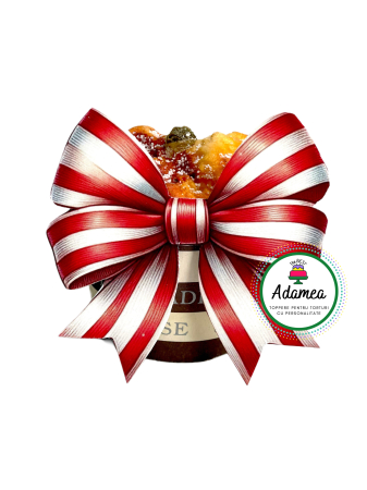 NOUTĂȚI - Topper de tort  personalizat cu element special din carton sub forma de fundita printata de Craciun cu dulgulite albe si rosii