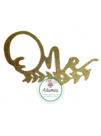 Prima aniversare - Topper de tort  personalizat cu element special din carton sub forma de  ONE cu feriga auriu glitter pentru prima aniversare