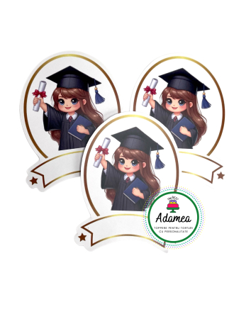 Toppere tort - Topper de tort  personalizat cu element special din carton  premium de inalta calitate sub forma  de eleva absoventa la final de an scolar - topper personalizabil cu nume
