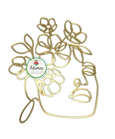 Produse din plastic/lemn/material textil - Topper de tort  personalizat cu element special din acril auriu cu silueta stilizata de femeie cu flori si frunze in par