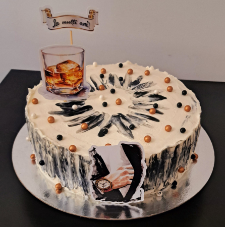 Topper de tort cu cartonaș sub forma de bărbat în costum negru si ceas la mana [1]