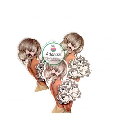 Nunta - Topper de tort  personalizat cu element special din carton sub forma de  tanara doamna mireasa cu buchet de flori