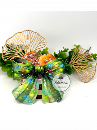 Crăciun - Topper de tort cu element special din carton sub forma de  funda 2D cu efect de organza verde si becuri de Craciun de pus in fata tortului
