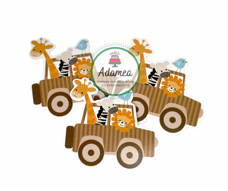 Safari - Topper de tort cu element special din carton sub forma de masina safari cu animale