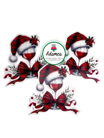 Crăciun - Topper de tort  personalizat cu element special din carton sub forma de pahar festiv de vin cu caciula lui Mos Craciun si fundita