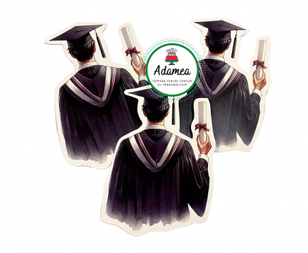 Final de an scolar - Topper de tort  personalizat cu element special din carton sub forma de  student cu toca, roba si diploma