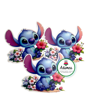 Toppere tort - Topper de tort  personalizat cu element special din carton  premium de inalta calitate sub forma  de baby Stitch bebe cu flori
