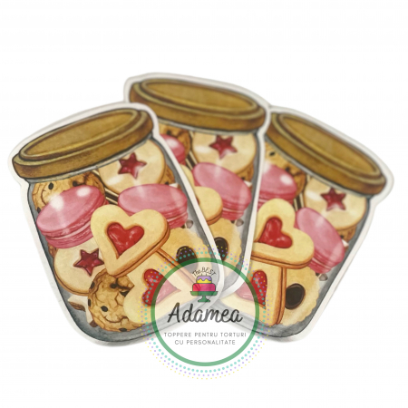 Sfantul Valentin - Dragobete - iubire - Topper de tort cu element special din carton sub forma de borcan cu inimi din dulciuri
