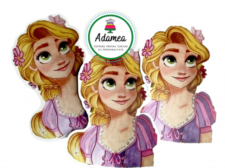 Pentru fetițe - Topper de tort  personalizat cu element special din carton sub forma de bust Rapunzel pastelat frontal