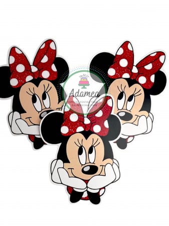 Minnie - Topper de tort personalizat  cu element special din carton sub forma de cap de Minnie cu funda rosie tip glitter