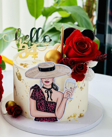 Frontal - Topper de tort  personalizat cu element special din carton sub forma de  femeie tanara sexy cu palarie si sampanie