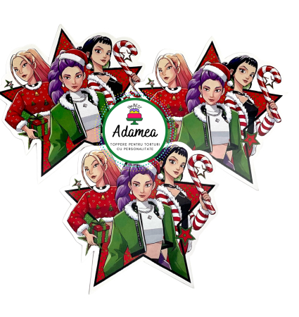 Topper de tort  personalizat cu element special din carton sub forma de cele 3 fete de la Huntrix de Craciun in stea [1]