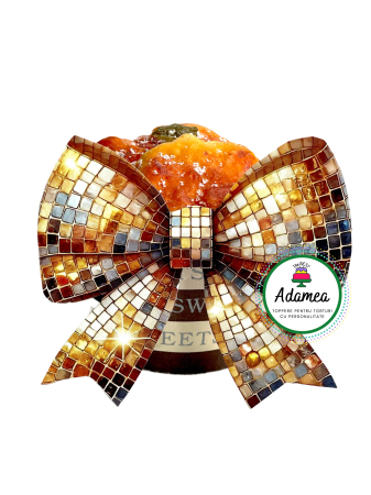 NOUTĂȚI - Topper de tort  personalizat cu element special din carton sub forma de fundita printata auriu tip mozaic