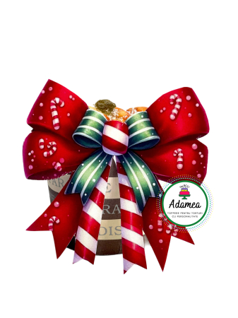 NOUTĂȚI - Topper de tort  personalizat cu element special din carton cu fundita print de Craciun cu acadele