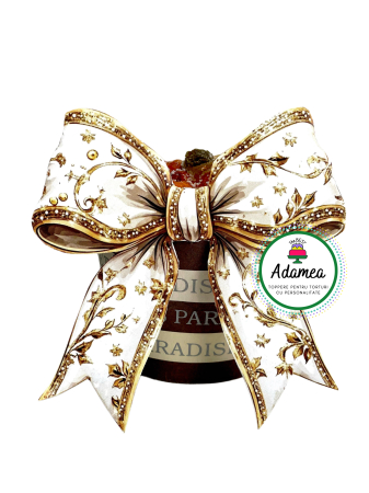 NOUTĂȚI - Topper de tort  personalizat cu element special din carton sub forma de fundita printata alb cu model auriu