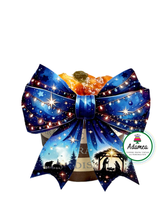 NOUTĂȚI - Topper de tort  personalizat cu element special din carton sub forma de fundita printata albastra cu Noapte Sfanta de Craciun - nașterea Domnului