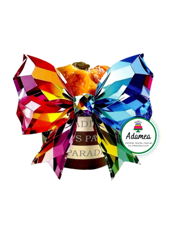 NOUTĂȚI - Topper de tort  personalizat cu element special din carton sub forma de fundita printatara curcubeu tip cristal