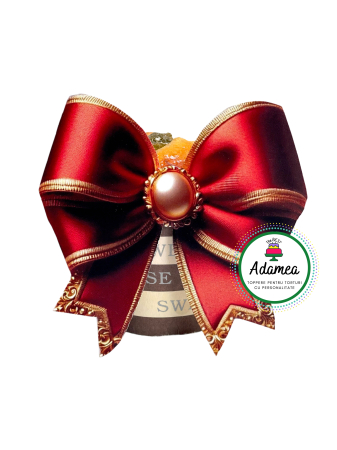 NOUTĂȚI - Topper de tort  personalizat cu element special din carton sub forma de fundita printata tip brosa rosie cu perla