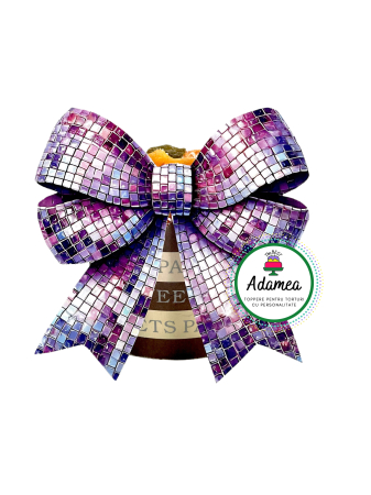 NOUTĂȚI - Topper de tort  personalizat cu element special din carton sub forma de fundita printata tip mozaic mov