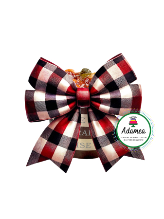 NOUTĂȚI - Topper de tort  personalizat cu element special din carton sub forma de fundita printata tip stofa in carouri rosu negru alb