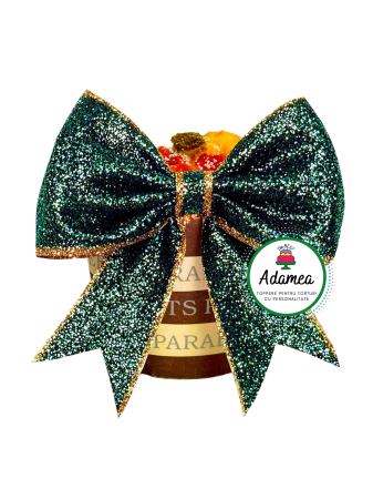 NOUTĂȚI - Topper de tort  personalizat cu element special din carton sub forma de fundita printata tip satin verde gen glitter cu contur auriu