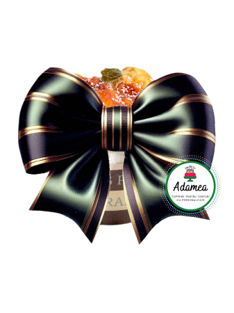 NOUTĂȚI - Topper de tort  personalizat cu element special din carton sub forma de fundita printata tip satin verde cu contur auriu