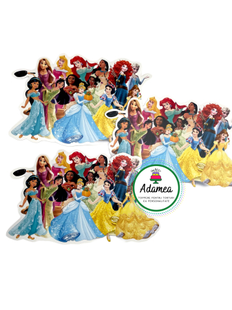 Printese - Topper de tort  personalizat cu element special din carton  premium de inalta calitate sub forma  degrup vesel de printese  Jasmine, Rapunzel, Aurora, Ariel, Pocahontas, Merida, Elsa, Mulan, Moana, Tiana, Cenușăreasa, Albă ca Zăpada și Belle