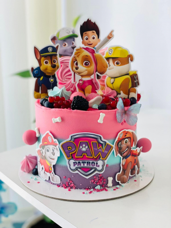 Topper frontal de tort cu logo Patrula Catelusilor roz cu mov