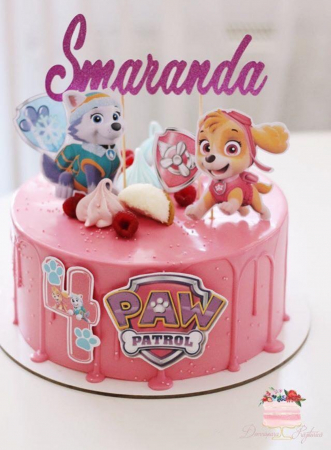 Topper frontal de tort cu logo Patrula Catelusilor roz cu mov [6]