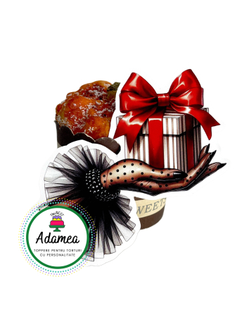 Crăciun - Topper de tort  personalizat cu element special din carton sub forma de  mana eleganta cu manusa rafinata care ofera un cadou cu fundita rosie