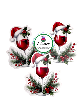 Crăciun - Topper de tort  personalizat cu element special din carton sub forma de pahar festiv cu caciula lui Mos Craciun