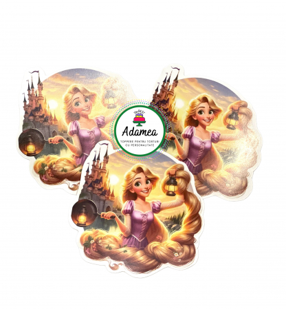 Pentru fetițe - Topper de tort  personalizat cu element special din carton sub forma de  Rapunzel cu orasul, castelul, tigaia si felinare