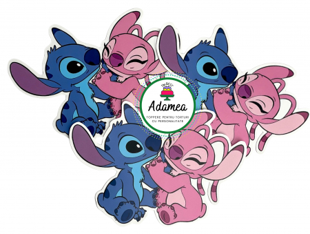 Frontal - Topper de tort  personalizat cu element special din carton sub forma de Stitch si Angel imbratisati